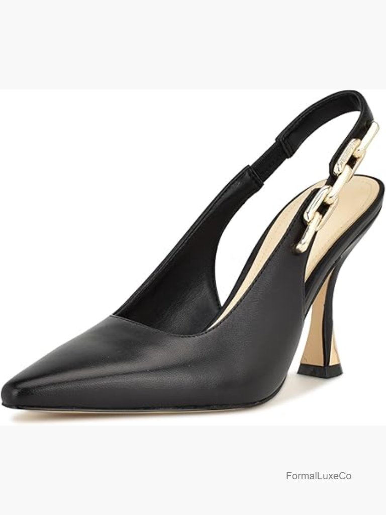 Pointed Toe Slingback Pumps With Gold Chain Detail Stiletto Heels